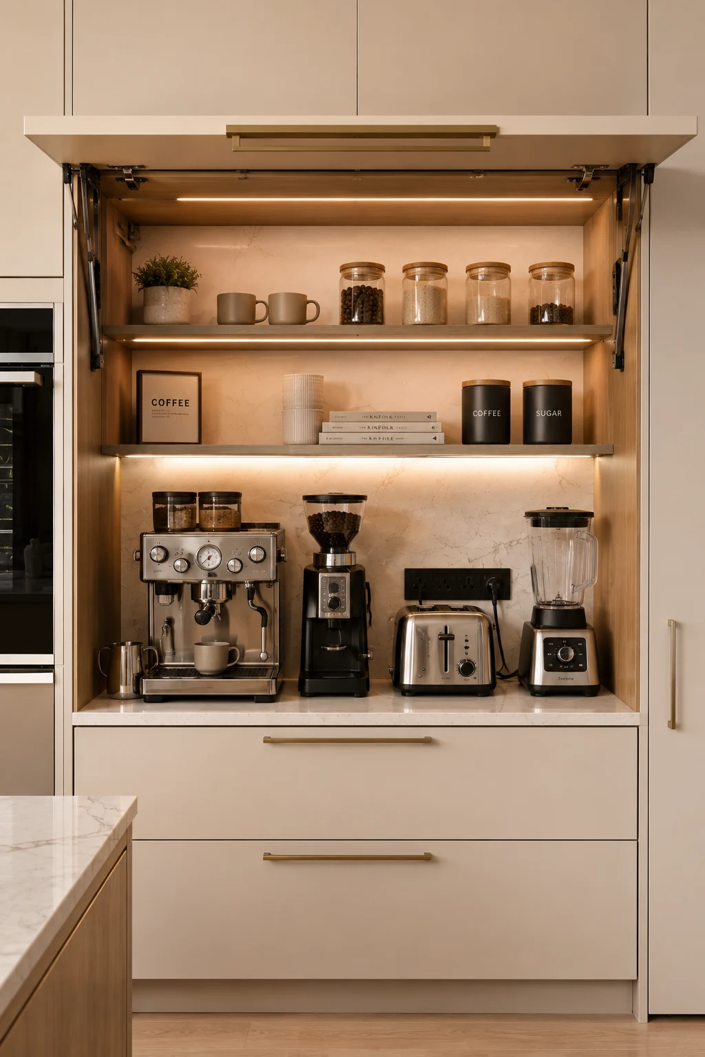 Luxury kitchen appliance garage with hidden coffee station, built in espresso machine, coffee grinder, toaster, blender, floating shelves, integrated LED lighting, modern appliance cabinet, concealed countertop storage, custom kitchen appliance garage, clutter free kitchen organization, premium small kitchen storage inspiration.