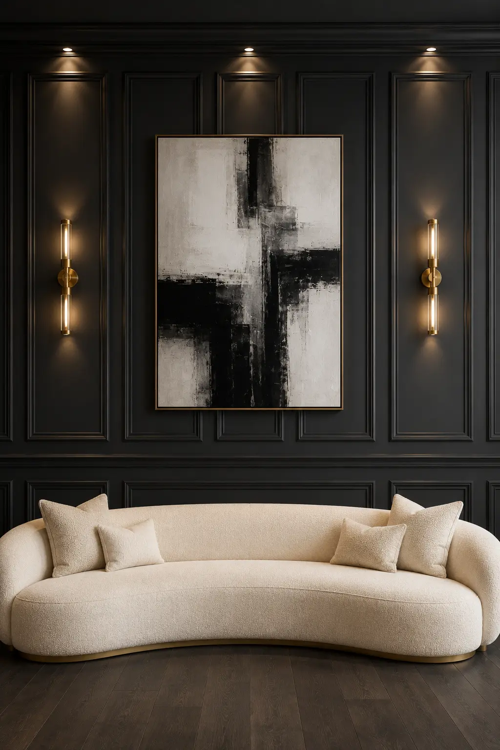 Luxury dark living room showcasing charcoal wall molding, oversized abstract artwork, warm brass wall sconces, custom picture frame molding, cream curved sofa, dark designer feature wall, and elegant modern architectural interior styling.