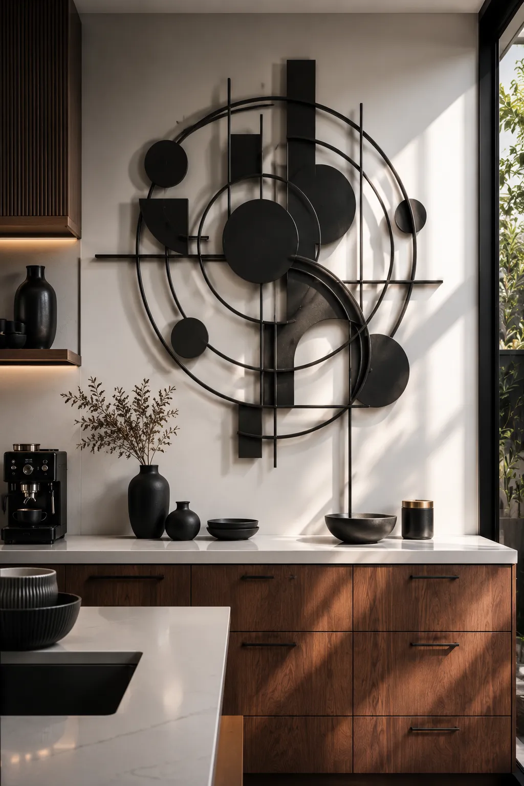 Modern geometric black metal wall sculpture installed above a contemporary kitchen countertop with walnut cabinets, matte black accessories, sculptural decor, and minimalist luxury kitchen interior design.