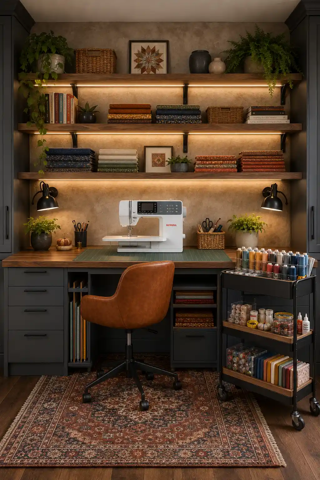 Elegant small sewing room featuring a rolling storage cart beside a custom sewing workstation with floating shelves, organized thread, folded fabrics, warm wood cabinetry, task lighting, decorative baskets, and smart sewing room storage ideas for flexible organization.
