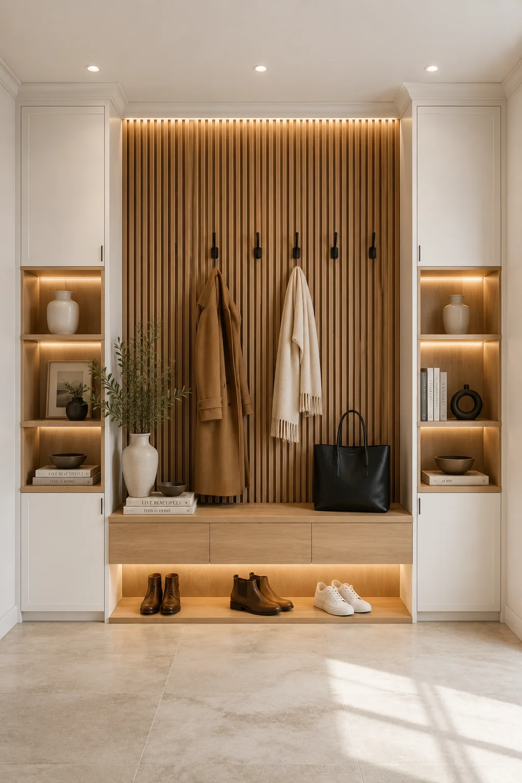 Elegant IKEA mudroom featuring white built in cabinets, vertical wood slat accent wall, floating storage bench, illuminated display shelves, hidden drawers, matte black hooks, and practical entryway storage designed for a clean modern interior.