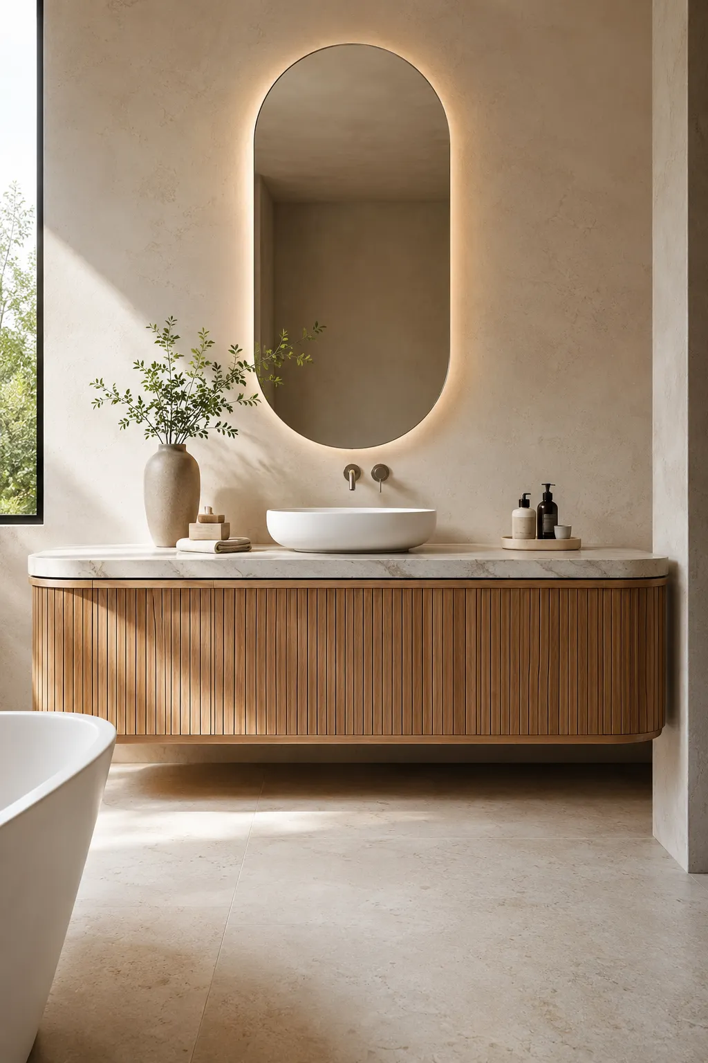 Modern curved fluted wood bathroom vanity with rounded corners, a light stone countertop, white vessel sink, tall pill shaped backlit mirror, warm plaster walls, natural sunlight, and elegant spa inspired bathroom decor.