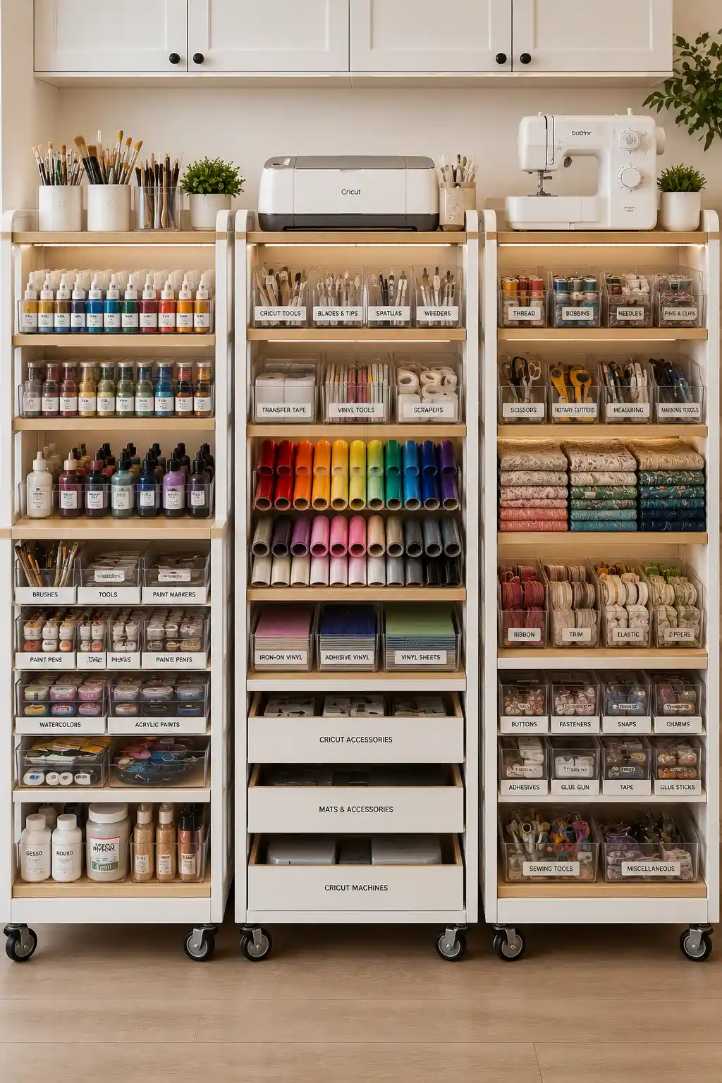 Premium rolling craft storage carts filled with paints, Cricut tools, sewing supplies, ribbons, vinyl rolls, acrylic organizers, thread, fabric, scissors, and labeled storage containers, creating flexible craft room organization ideas that keep supplies organized and easy to move around any creative workspace.