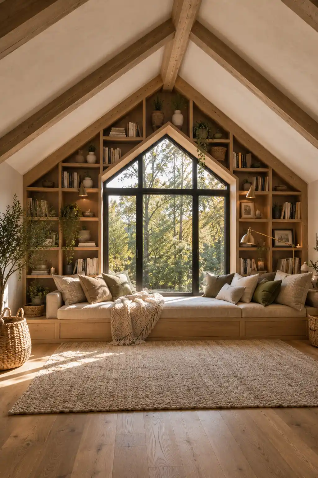 Cozy built in reading nook beneath a slanted ceiling featuring custom floor to ceiling wooden bookshelves, oversized picture window with forest views, comfortable window seat layered with neutral cushions and knit throws, warm oak shelving, woven baskets, indoor plants, luxury attic reading corner, beautiful sloped ceiling storage ideas, modern cottage interior with natural light.