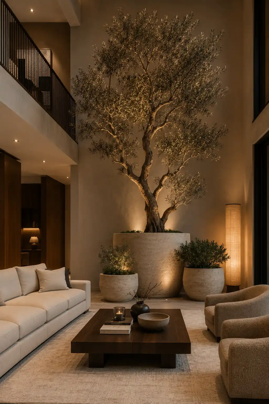 Luxury double height living room featuring an extra tall indoor olive tree with a sculptural natural trunk, oversized stone planter, layered greenery, warm uplighting, cream sofa, dark wood coffee table, and elegant organic decor for a high ceiling interior.