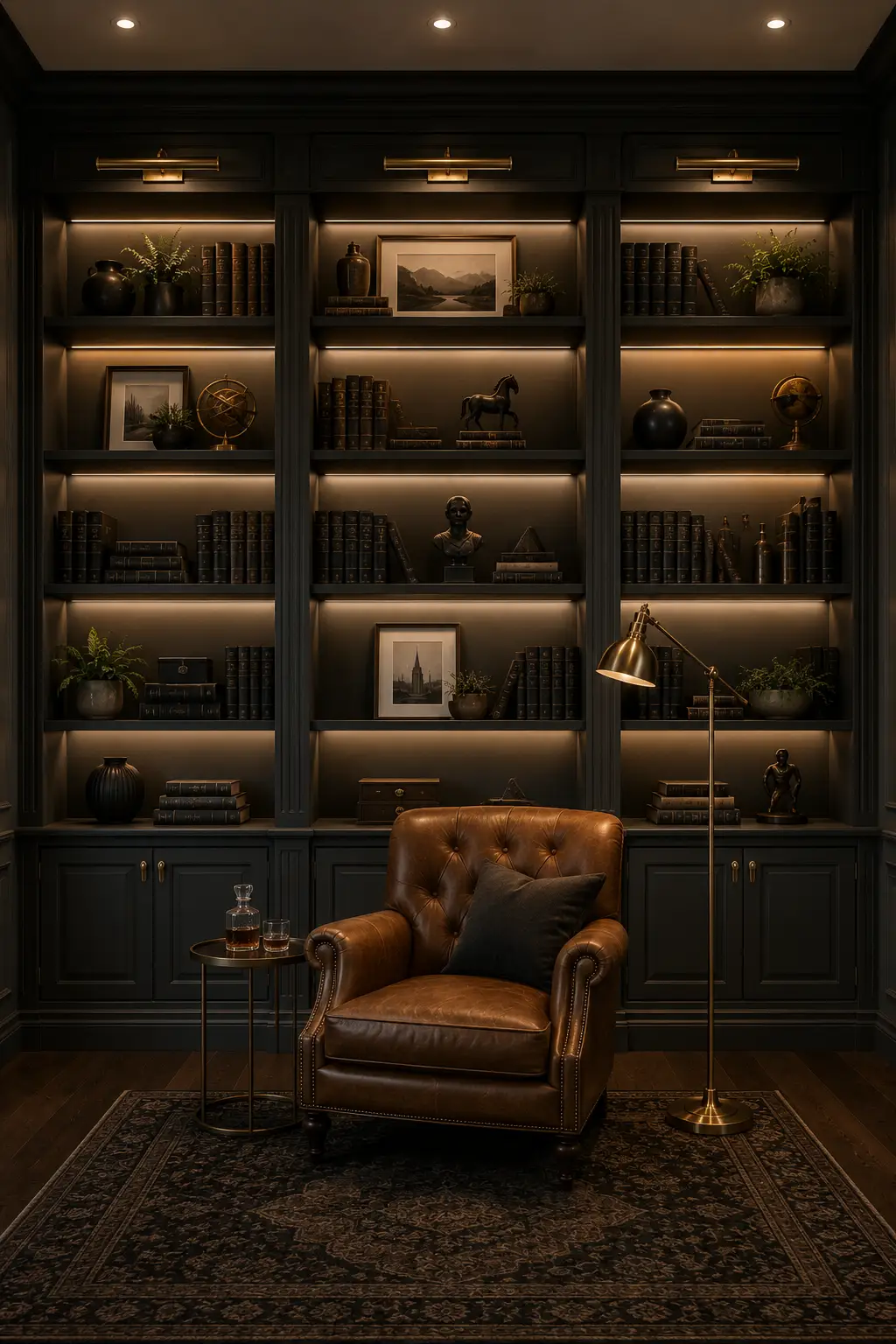 Dark moody floor to ceiling library wall with deep charcoal built in bookshelves, warm integrated lighting, vintage books, framed artwork, brass accents, ceramic decor, greenery, a brown leather reading chair, and a patterned area rug.