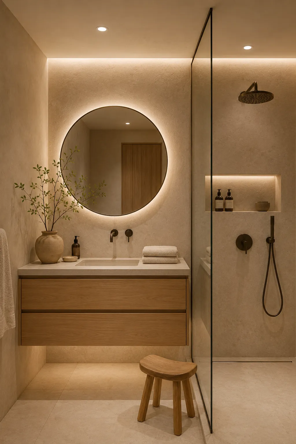 Modern Japandi small bathroom with a light oak floating vanity, large round LED backlit mirror, warm textured beige walls, frameless glass walk in shower, brushed bronze fixtures, illuminated shower niche, wooden stool, natural branch arrangement, and soft ambient lighting.