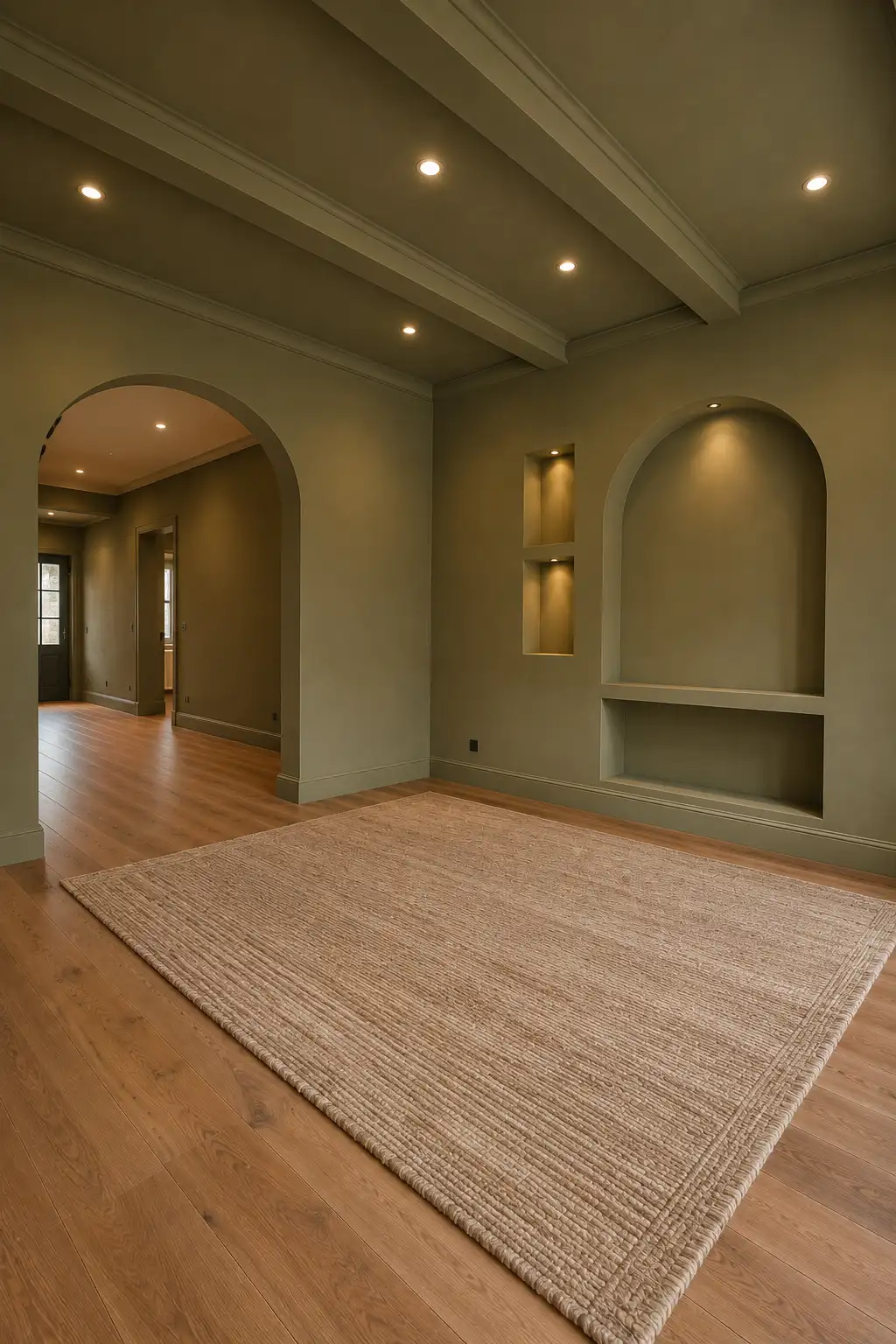 Empty organic modern living room with muted olive green painted walls, wide arched openings, architectural ceiling beams, built in curved wall niches, warm oak flooring, and a large textured beige area rug.