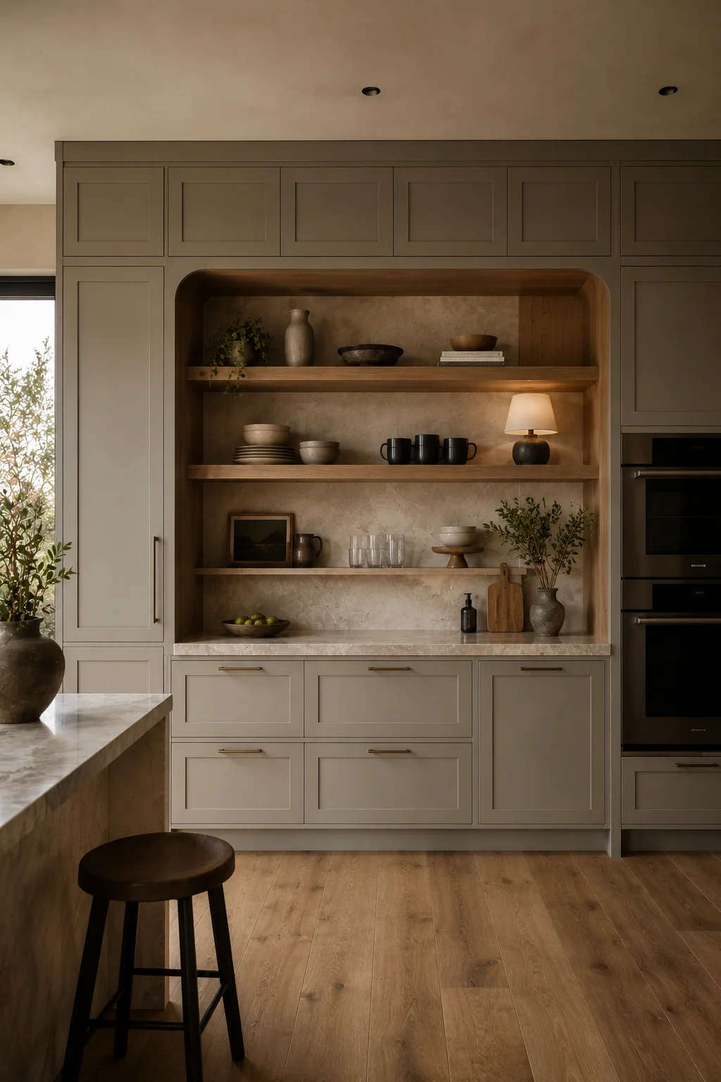 Warm modern kitchen featuring built in open shelving with softly rounded corners, natural wood shelf interiors, neutral ceramic dishes, black coffee mugs, clear glassware, framed art, greenery, a small table lamp, beige shaker cabinetry, and warm oak flooring.