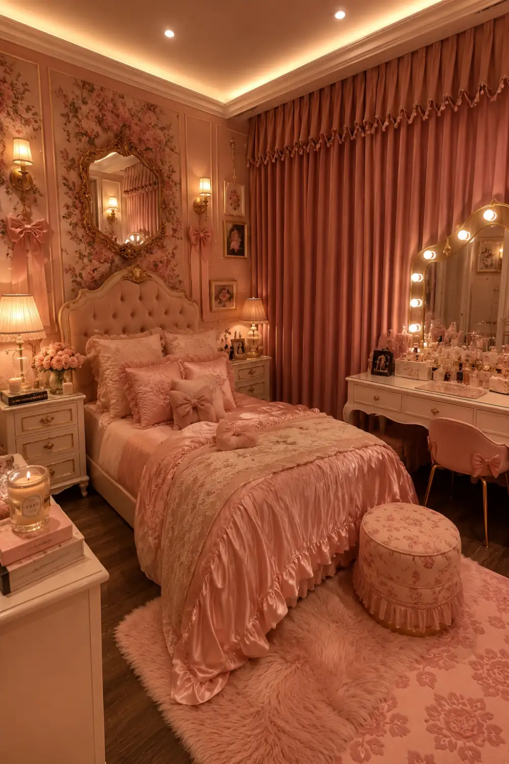 Pastel pink and white dorm room with floral bedding, vintage inspired furniture, tufted upholstered headboard, ornate mirror, elegant vanity, blush curtains, warm lighting, lace pillows, floral décor, and romantic aesthetic dorm room inspiration.