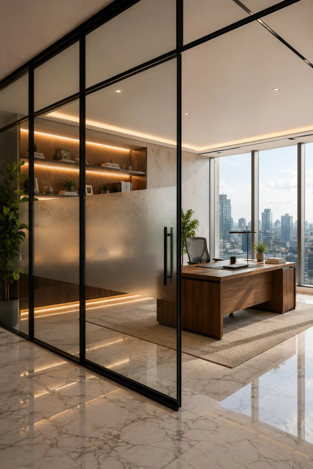 Modern frosted glass office partition with black metal frame, walnut executive desk, marble flooring, built in shelves, LED lighting, panoramic windows, luxury home office, stylish workspace divider, and contemporary interior design inspiration.