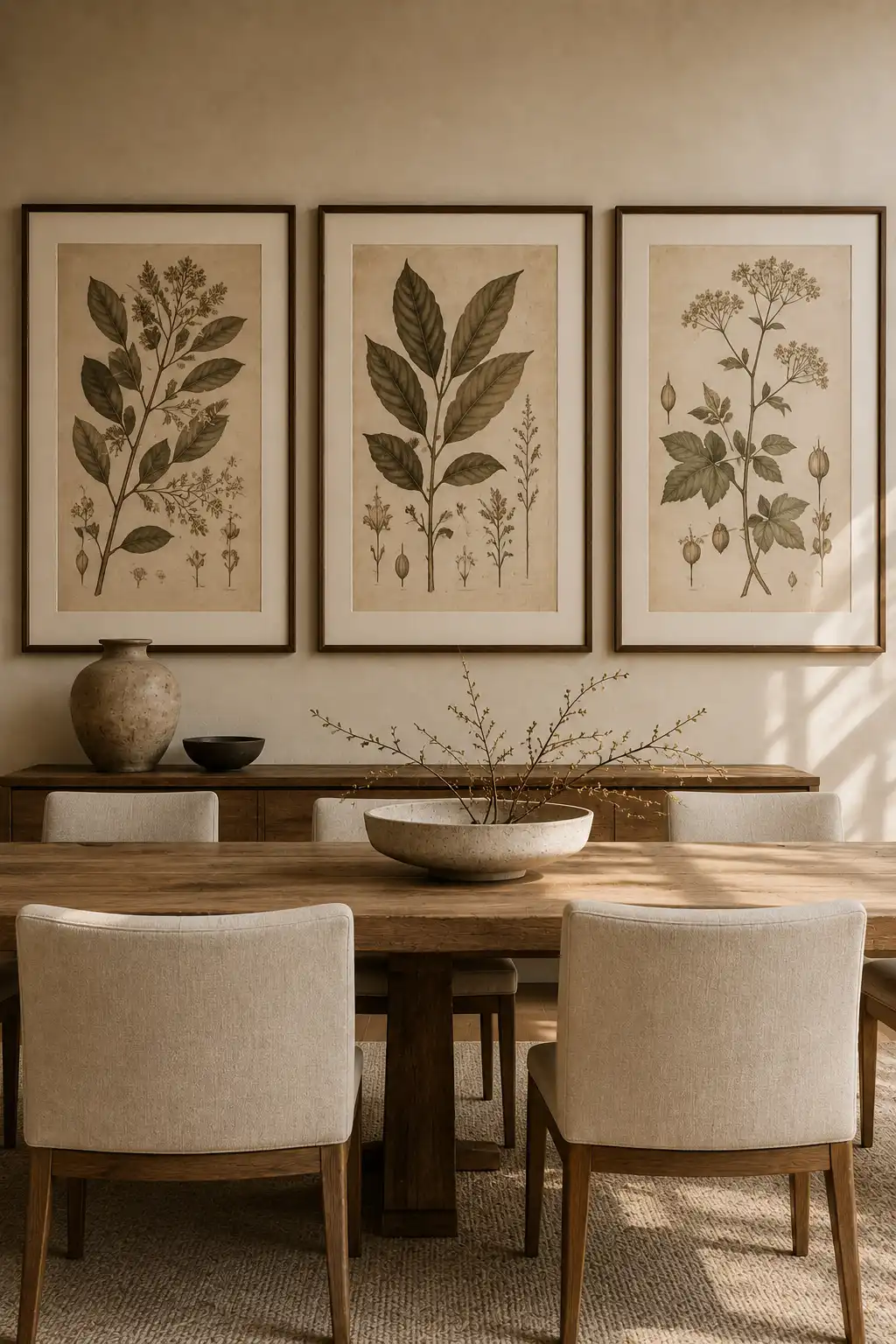 Warm modern dining room featuring three large vintage botanical wall art prints with detailed leaves and flowering stems in muted olive and parchment tones, displayed in matching dark wood frames above a natural wood dining table and neutral upholstered chairs.
