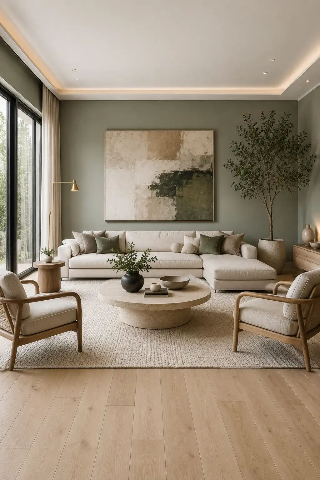 Bright modern living room with muted sage green painted walls, a large cream sectional sofa, natural wood framed chairs, a round travertine coffee table, textured ivory rug, oversized neutral artwork, indoor tree, and soft natural daylight.