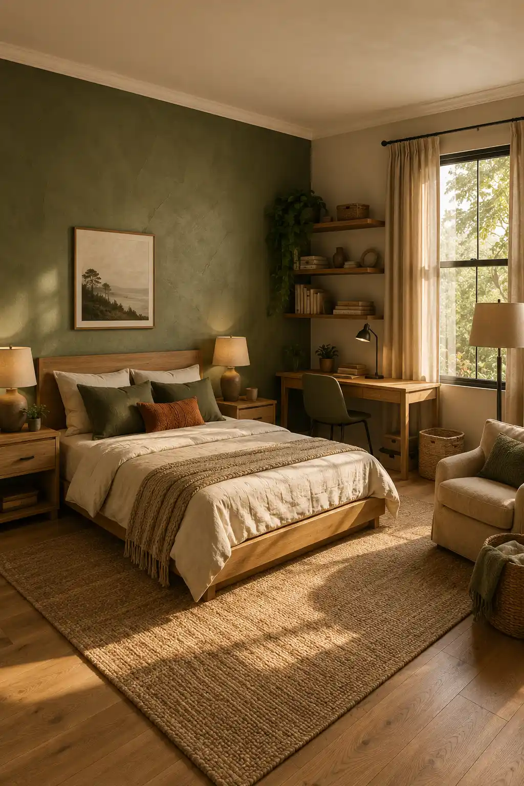 Earthy olive green boys’ bedroom featuring a textured green accent wall, natural wood bed, cream linen bedding, sage green cushions, warm rust accents, woven area rug, wooden study desk, floating shelves, indoor plants, reading chair, and soft golden sunlight.