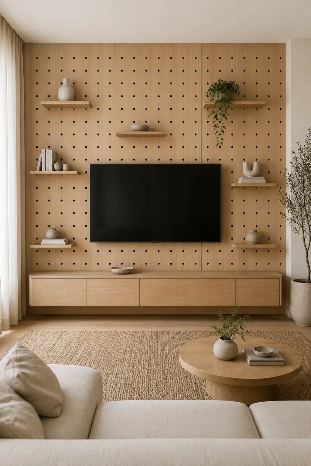 Modern pegboard TV wall featuring floor to ceiling light oak panels with evenly spaced holes, adjustable floating display shelves, a wall mounted television, matching wood media console, neutral sofa, woven rug, and Scandinavian inspired living room decor.