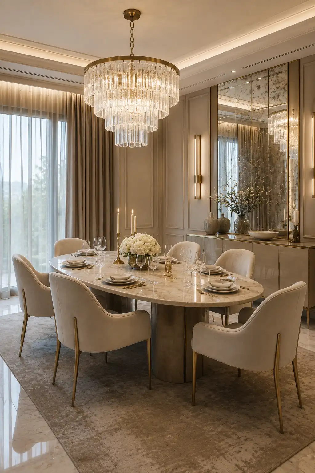 Modern glam dining room featuring an elegant oval stone dining table, curved cream upholstered chairs with slim gold legs, dramatic tiered crystal chandelier, antique style mirrored feature wall, warm gold accents, sophisticated wall molding, floor length taupe curtains, and elegant neutral table decor.