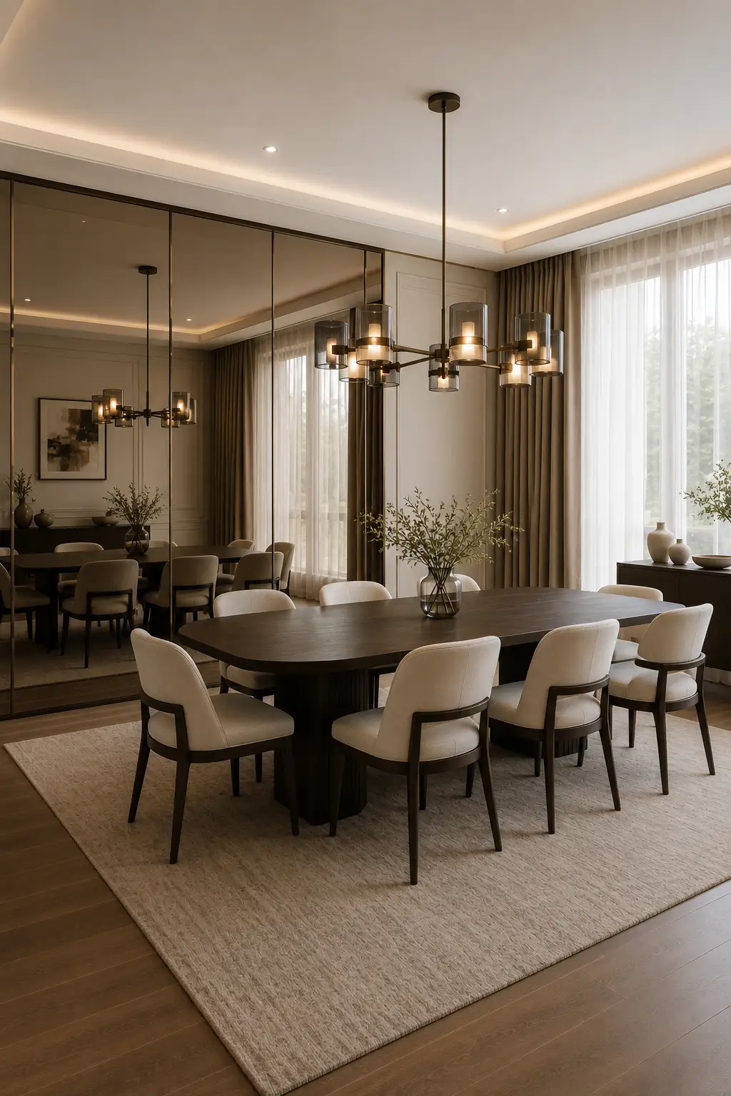 Sophisticated modern dining room featuring a floor to ceiling bronze tinted mirror panel wall with slim dark dividers, elegant reflections, dark wood dining table, neutral upholstered chairs, statement chandelier, and tall windows with layered curtains.