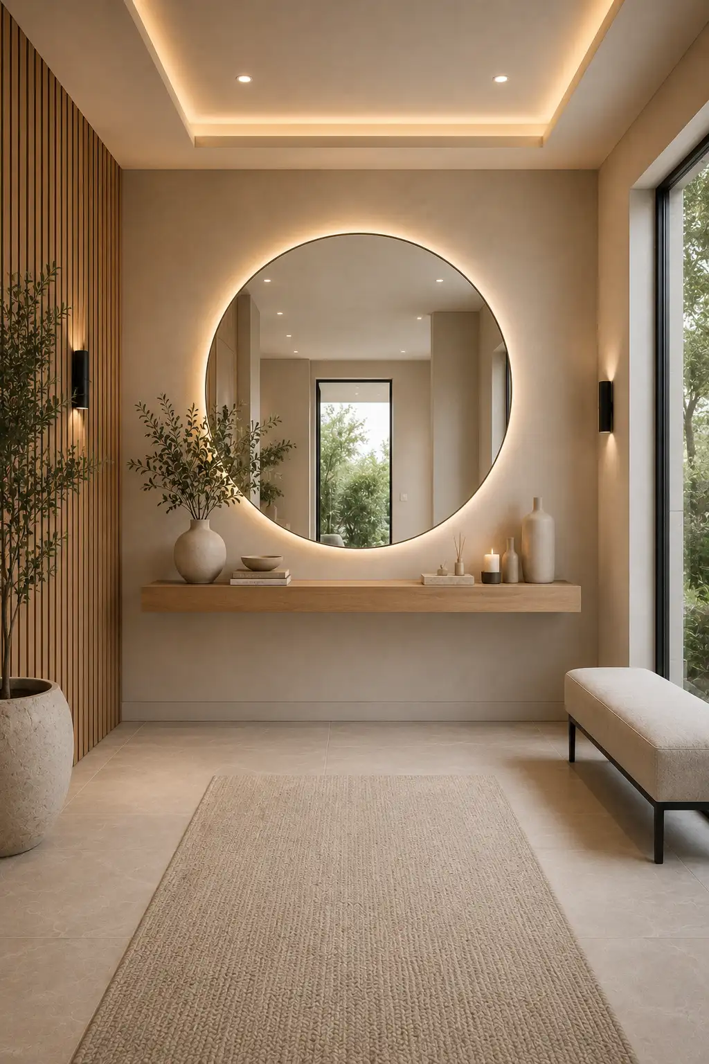 DIY backlit round mirror entryway featuring a floating natural oak shelf, concealed warm LED halo lighting, ceramic décor, candles, reed diffuser, decorative tray, vertical wood slat wall, upholstered bench, neutral color palette, and luxurious modern foyer design.