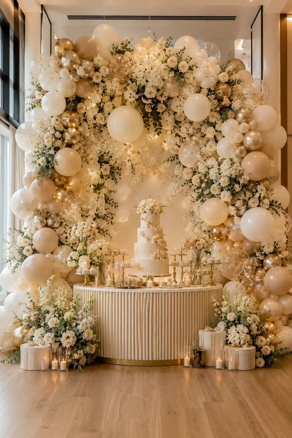 Luxury floral and balloon wall backdrop featuring white roses, hydrangeas, orchids, eucalyptus, organic white and gold balloon garlands, elegant cake table, candles, floral arrangements, and modern birthday decoration ideas for a stunning party backdrop.
