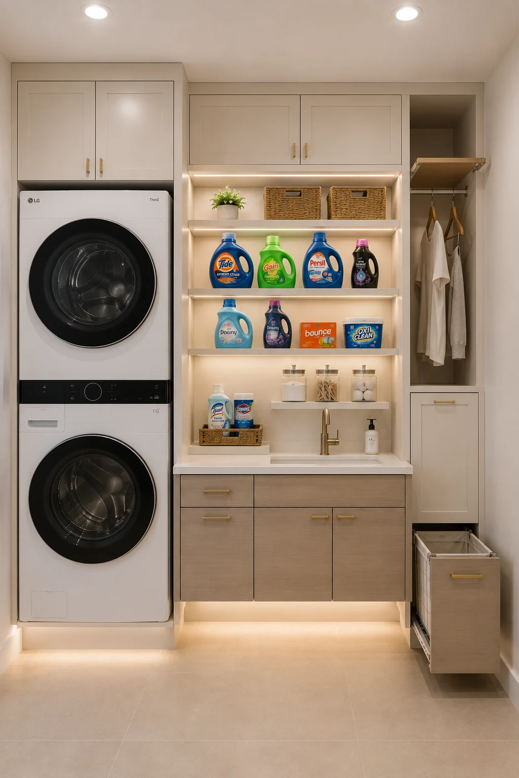 Modern smart storage wall laundry room featuring stacked LG WashTower, illuminated open shelving, built in cabinets, pull out laundry hampers, integrated sink, spacious white countertop, organized detergent storage, warm LED lighting, and efficient space saving utility room design.