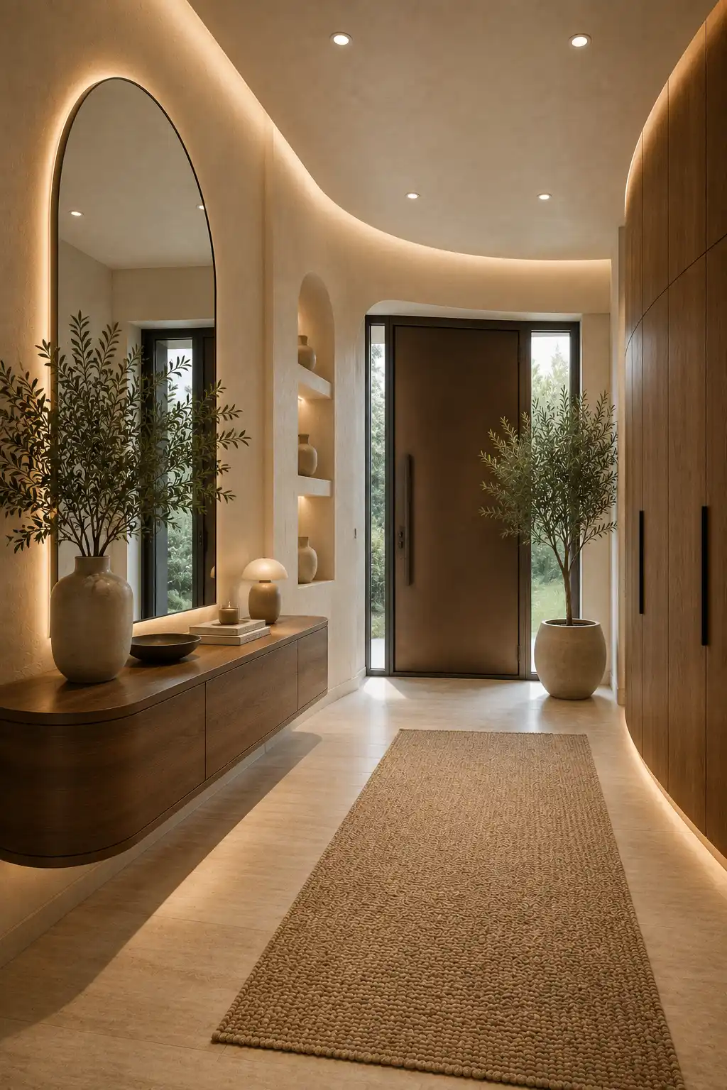Elegant curved modern entrance hall with rounded floating walnut console, oversized arched mirror, curved architectural walls, built in storage cabinets, soft cove lighting, warm neutral plaster walls, indoor olive tree, decorative ceramic accents, woven runner rug, and luxury contemporary entryway styling.