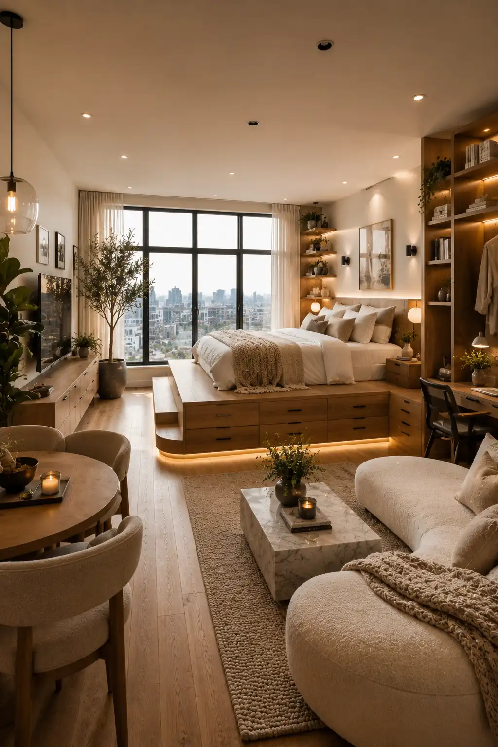 Luxury studio apartment with a raised platform bed featuring hidden storage drawers, built in lighting, modern living room, compact dining area, warm wood flooring, oversized windows, marble coffee table, neutral decor, space saving bedroom platform, and stylish multifunctional apartment layout for small homes.