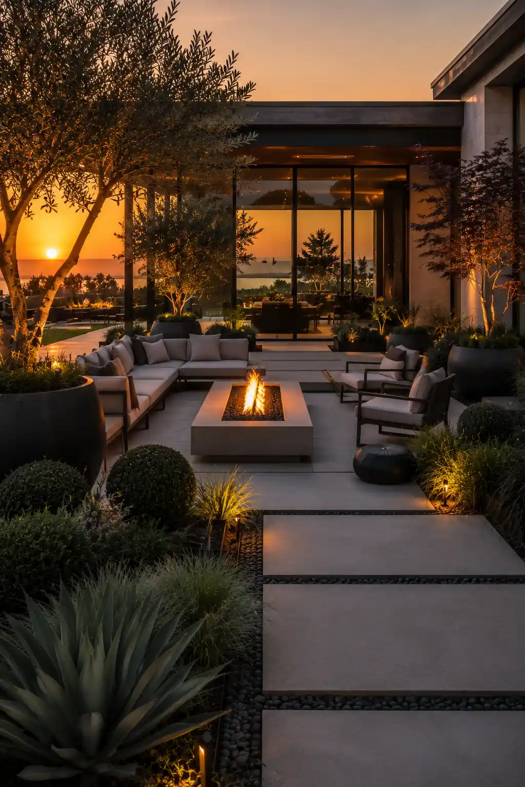 Luxury modern fire pit patio with sleek concrete fire table, premium outdoor lounge furniture, architectural planters, ornamental grasses, olive trees, contemporary backyard landscaping, elegant outdoor entertaining area, modern patio ideas, luxury landscape lighting, designer outdoor living space, sophisticated garden decor, resort inspired backyard, and high end contemporary landscape design.