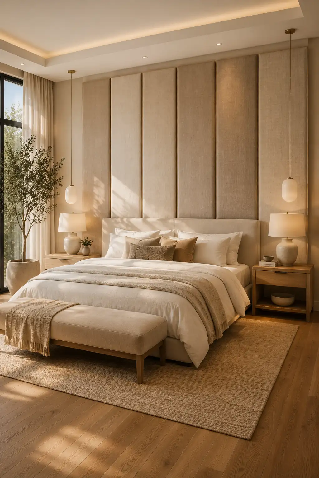 Luxury bedroom with oversized fabric wall panels behind an upholstered bed featuring soft linen upholstered panels, neutral bedding, wooden nightstands, pendant lights, textured rug, oak flooring, warm ambient lighting, modern designer styling, and elegant DIY fabric wall panel ideas for bedroom accent walls.
