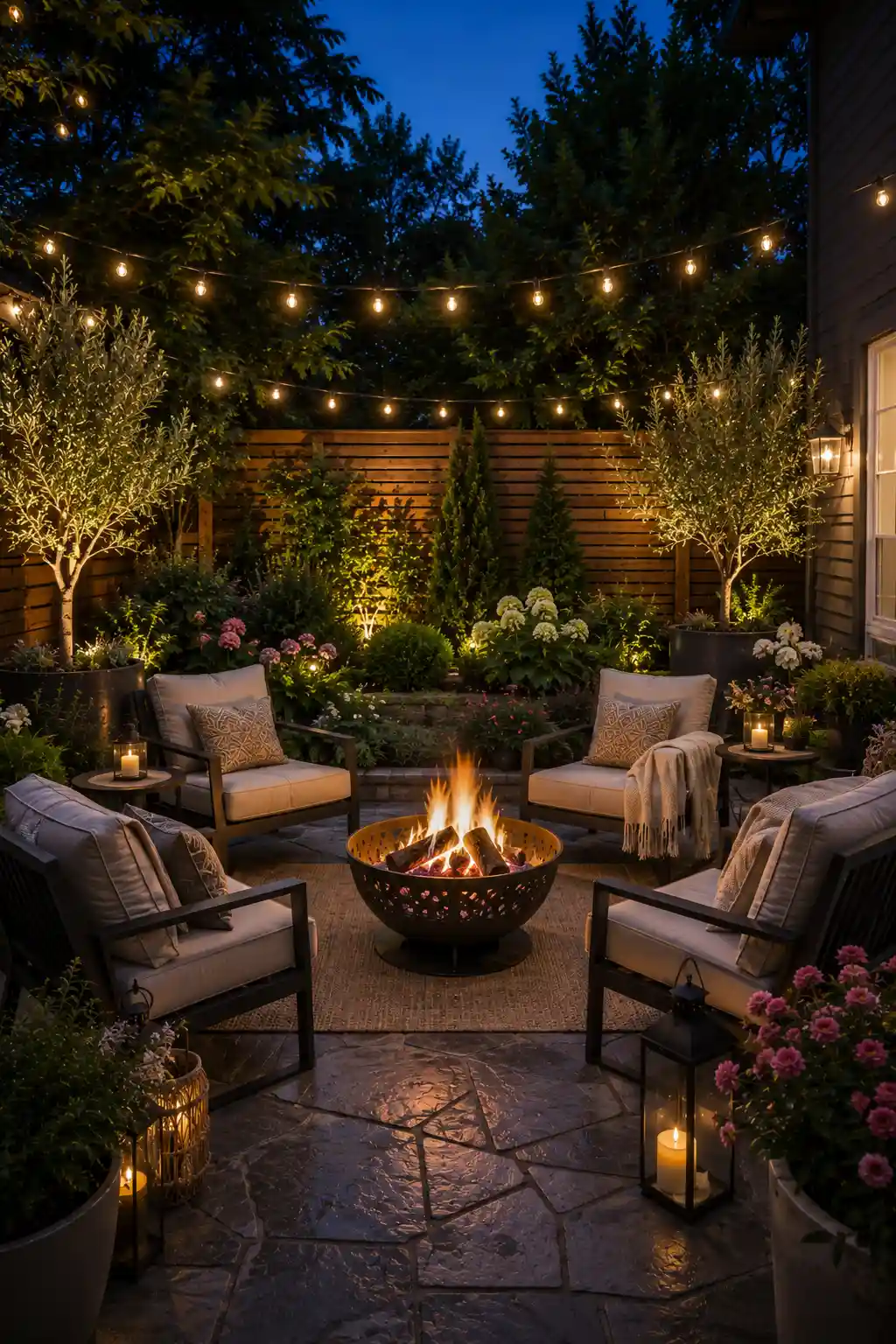 Portable black metal fire bowl on a stone patio surrounded by cushioned outdoor lounge chairs, warm café string lights, decorative lanterns, outdoor rug, flowering plants, potted olive trees, wooden privacy fence, and cozy small backyard gathering space at night.