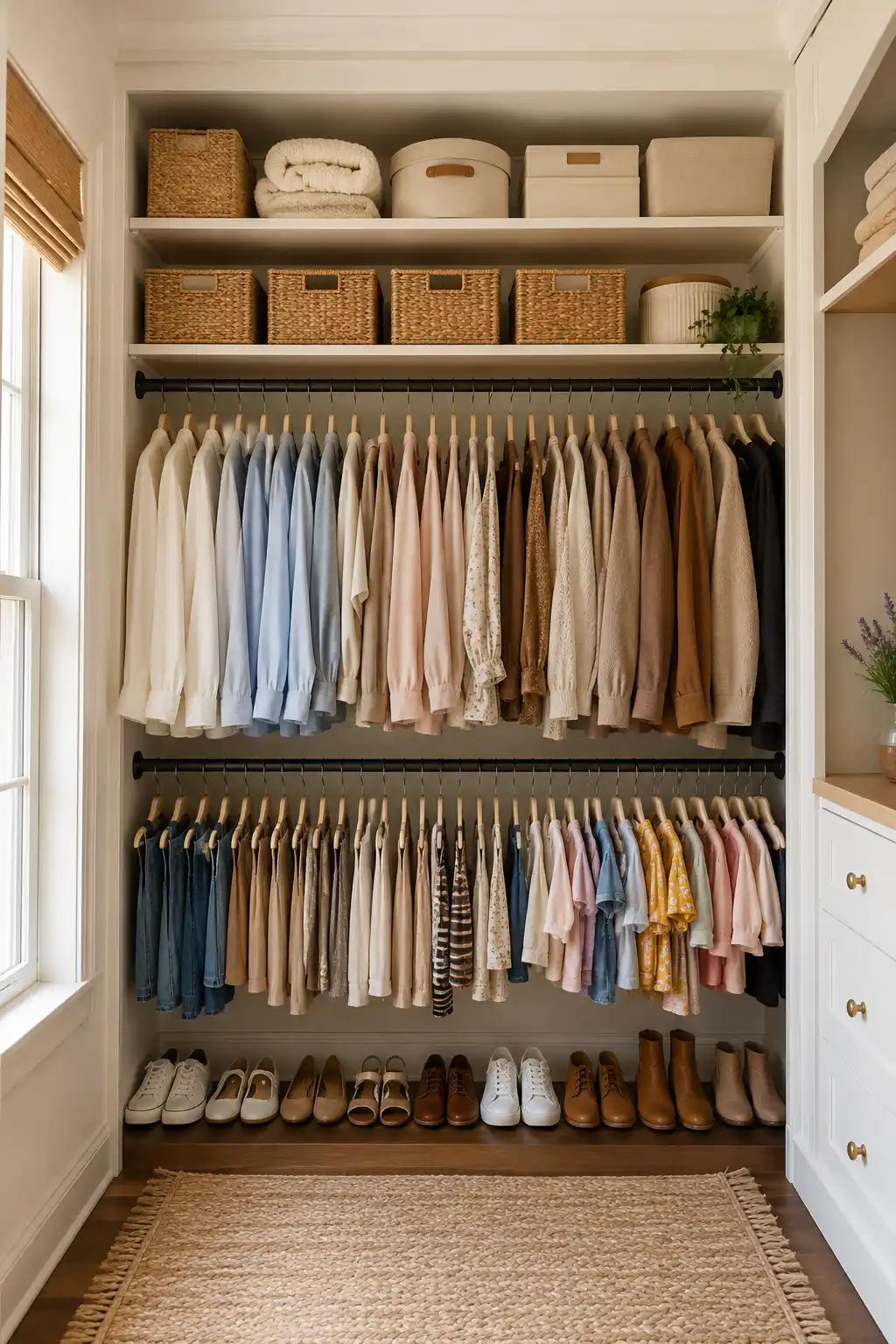 Small closet organization ideas featuring a double hanging rod system with neatly arranged shirts, blouses, pants, jackets, and matching velvet hangers. Luxury built in closet with upper storage baskets, shoe organization, and efficient vertical hanging storage designed to double closet space.