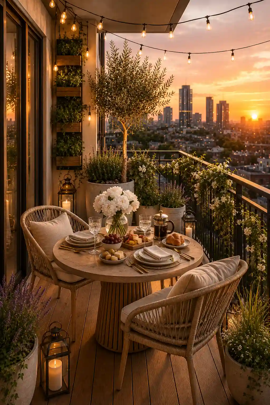 Stylish small apartment balcony featuring a round outdoor dining table, woven dining chairs, elegant table setting, fresh flowers, natural teak decking, decorative lanterns, herb planters, olive trees, warm string lights, and sunset city views, creating a beautiful outdoor dining space for small balconies.