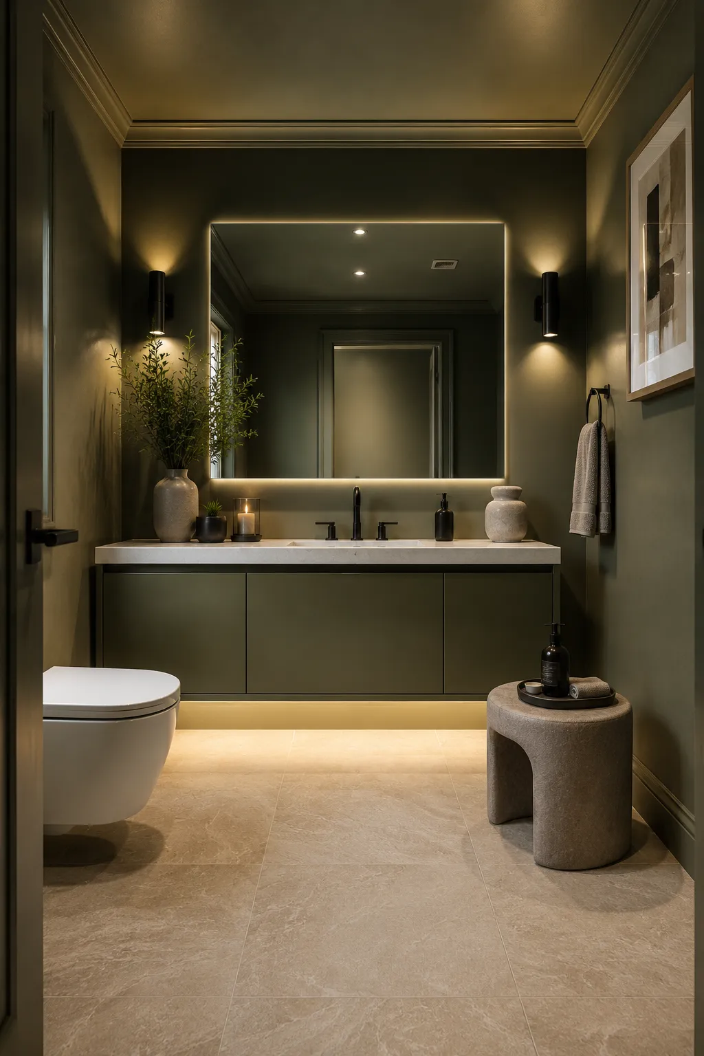 Elegant guest bathroom featuring rich olive green color drench walls, matching modern vanity, white quartz countertop, oversized LED mirror, matte black faucet, warm under vanity lighting, minimalist décor, ceramic accessories, stone stool, framed artwork, soft architectural lighting, and luxurious modern guest bathroom interior with designer finishes.