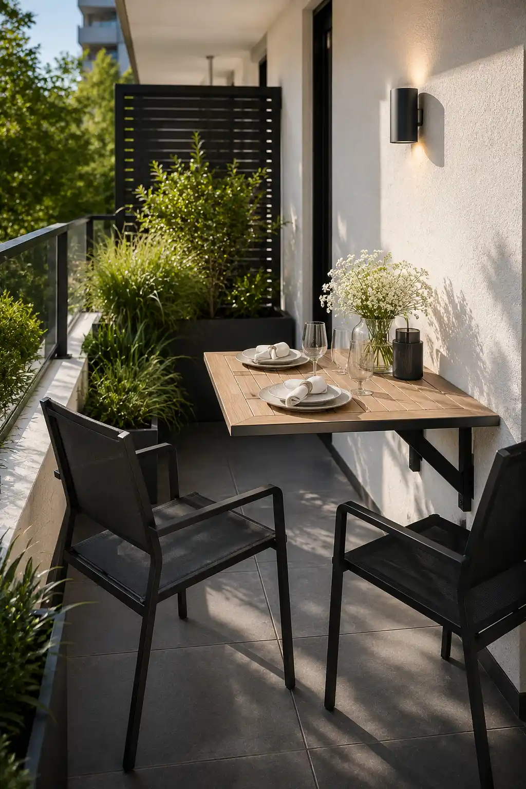 Wall mounted drop leaf outdoor dining table with black modern chairs on a compact apartment patio featuring porcelain floor tiles, architectural planters, decorative table setting, contemporary wall lighting, and space saving outdoor furniture ideas for small balconies and patios.