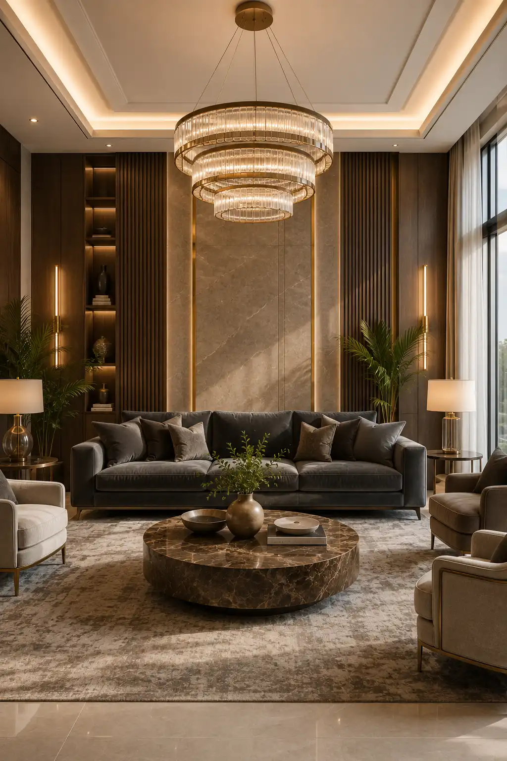 Elegant dark grey couch living room featuring a luxurious grey sofa, oversized crystal chandelier, marble accent wall, walnut slat panels, round marble coffee table, designer accent chairs, floor to ceiling windows, warm layered lighting, luxury contemporary décor, indoor plants, and a sophisticated modern family room with premium finishes.