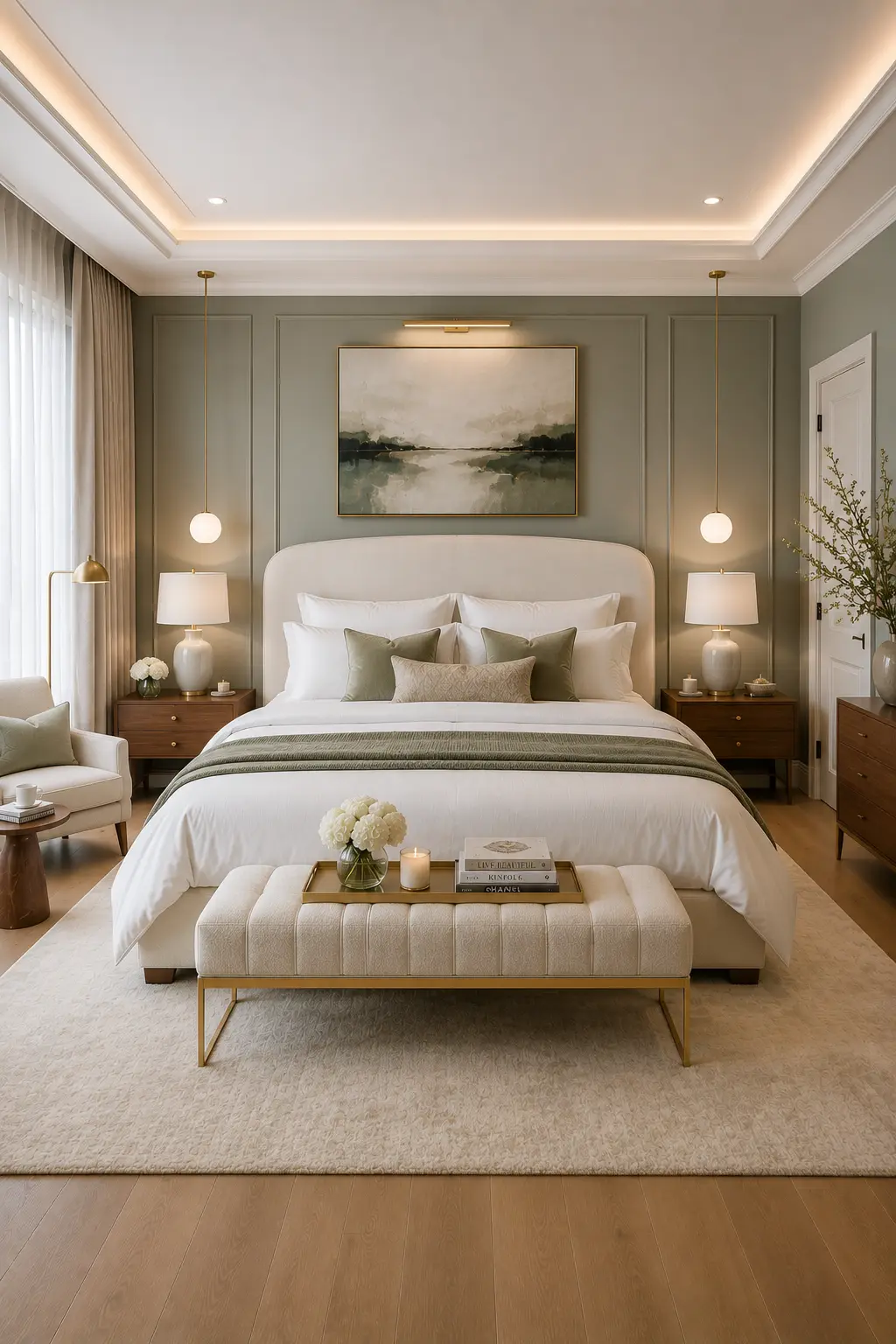 Soft sage luxury guest bedroom featuring a curved cream upholstered bed with layered white hotel bedding, sage green accent pillows, decorative wall molding, walnut nightstands, globe pendant lighting, ceramic table lamps, upholstered bench with gold legs, oversized landscape artwork, plush ivory area rug, warm wood flooring, cozy reading chair, floor to ceiling curtains, and elegant guest bedroom inspiration.