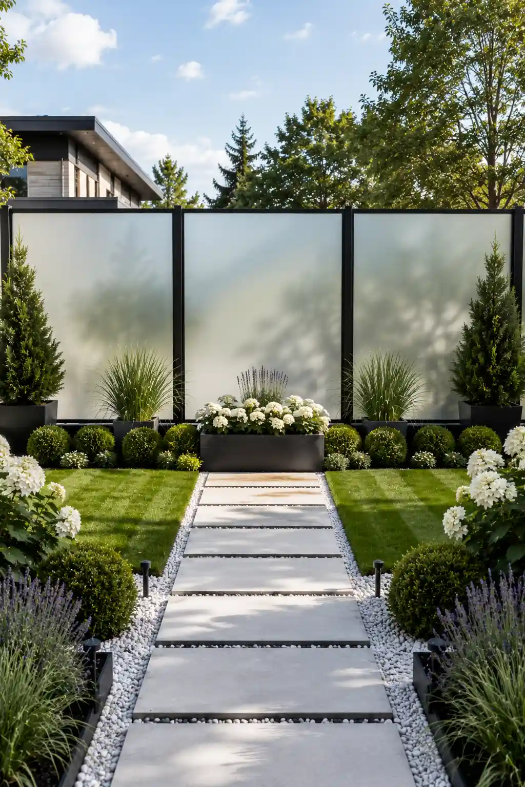 Luxury frosted glass garden fence with slim matte black aluminum frame, large frosted privacy panels, oversized concrete stepping stones, white gravel borders, sculpted boxwood shrubs, white hydrangeas, ornamental grasses, minimalist backyard landscaping, contemporary garden fencing ideas, modern outdoor privacy inspiration.