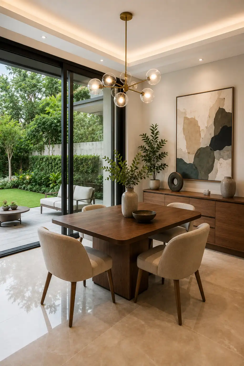 Modern small dining room with floor to ceiling glass sliding doors opening to a landscaped backyard, walnut dining table, upholstered chairs, sculptural chandelier, sleek sideboard, oversized artwork, indoor plants, and luxury contemporary home interior filled with natural light.