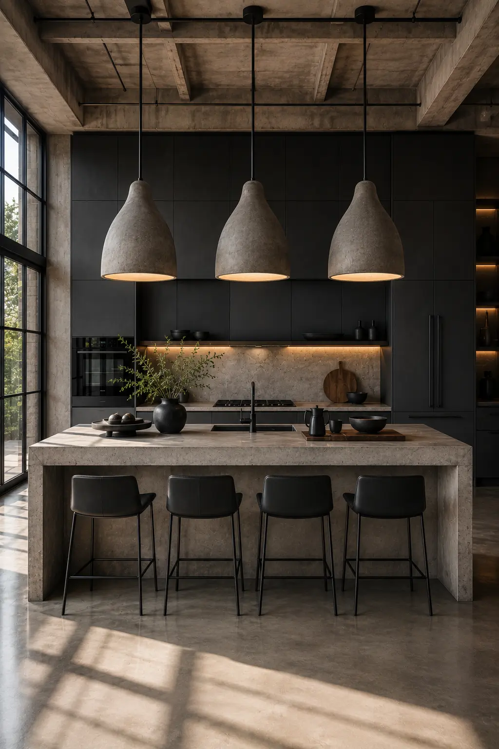 Industrial modern kitchen with oversized concrete sculptural pendant lights above a stone waterfall kitchen island, matte black cabinets, exposed concrete ceiling beams, black counter stools, warm under cabinet lighting, large steel frame windows, polished concrete flooring, luxury industrial kitchen design, contemporary kitchen island lighting, modern pendant lighting ideas, designer kitchen inspiration