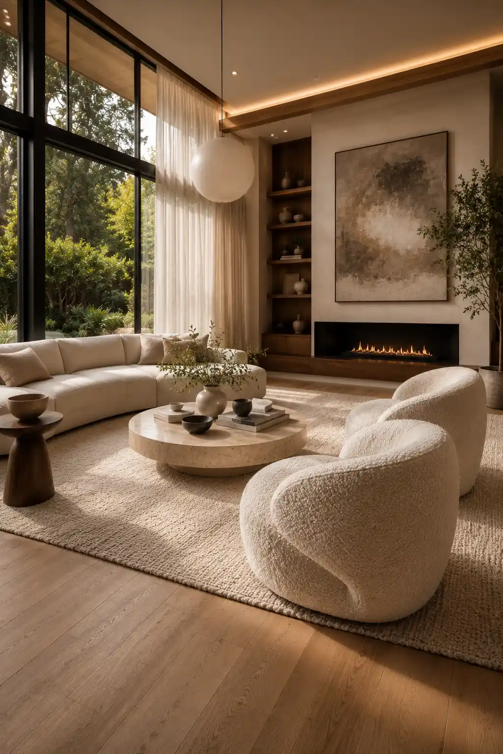 Elegant mid century modern living room with warm ambient LED lighting, curved cream sectional sofa, sculptural boucle accent chairs, oversized globe pendant light, sleek fireplace, floating shelves, textured neutral rug, walnut furniture, floor to ceiling windows, cozy luxury interior, designer living room inspiration.