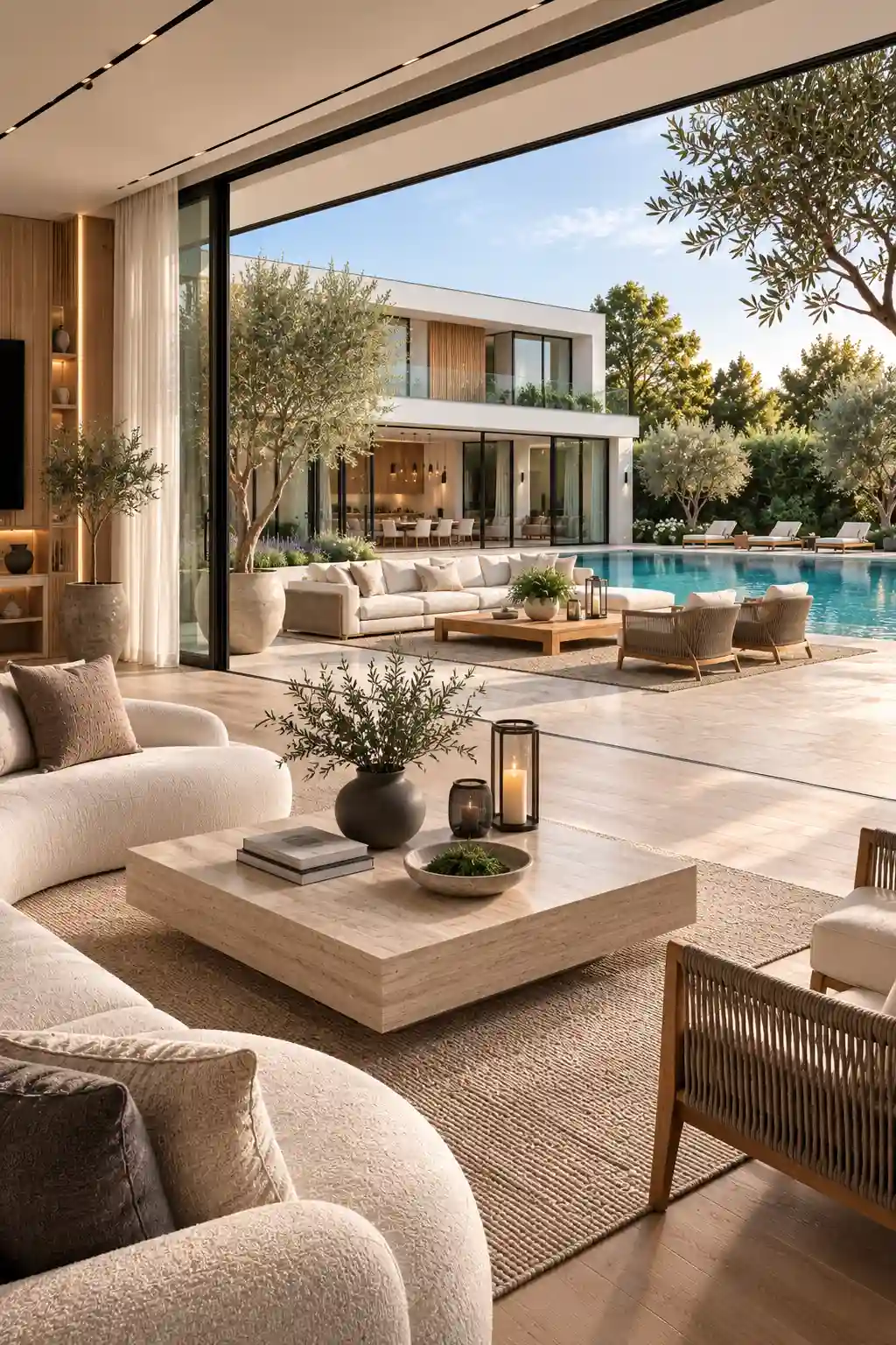 Modern indoor outdoor living space with floor to ceiling sliding glass doors, cream limestone pool terrace, oversized sectional sofa, woven outdoor lounge chairs, natural stone coffee table, elegant swimming pool, contemporary luxury home, olive trees, premium landscaping, seamless backyard living, luxury poolside seating area, resort style outdoor entertaining space.