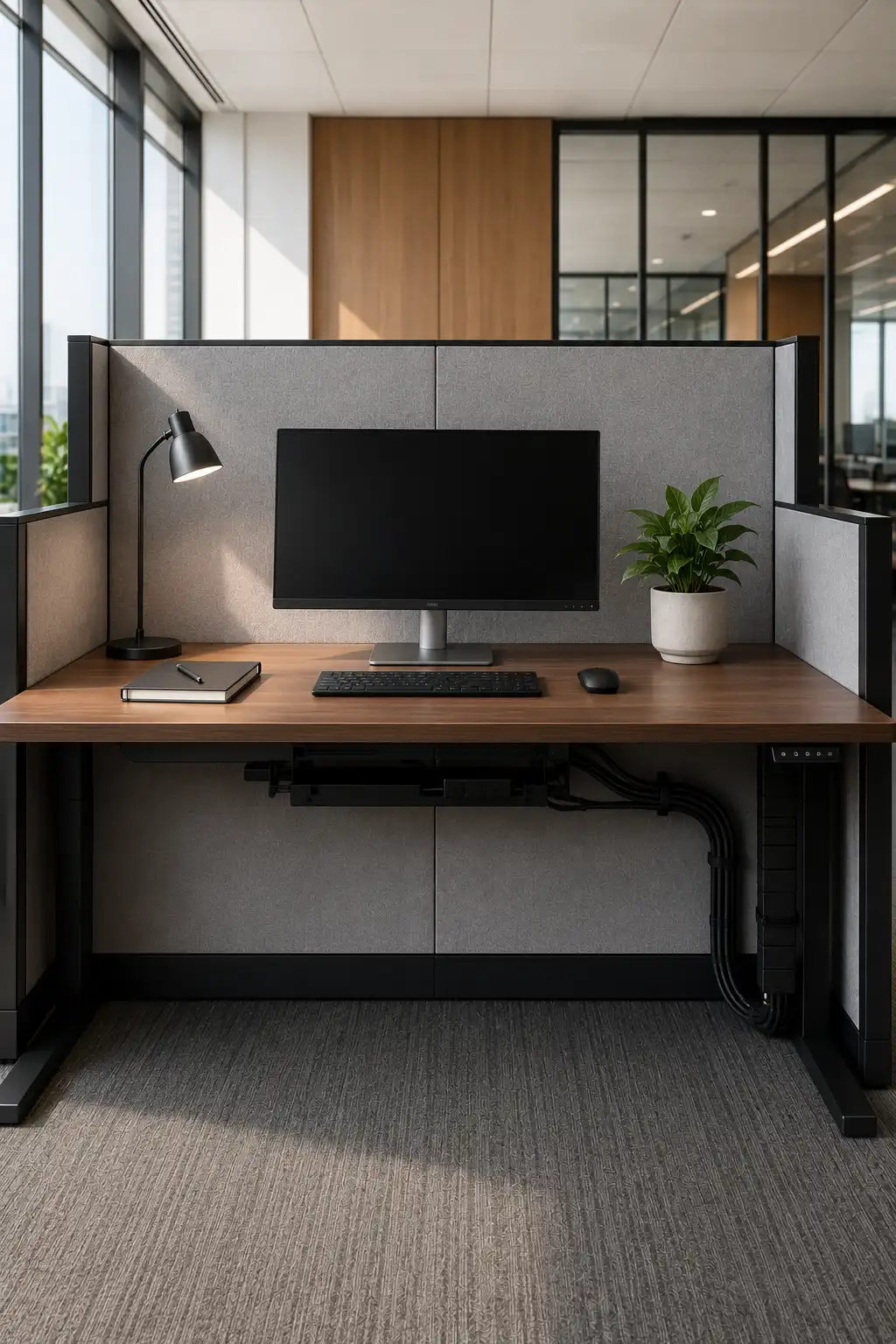 Minimalist cubicle decor ideas featuring hidden cable management, clean office desk setup, modern workspace organization, ergonomic office chair, wooden desktop, indoor plant, sleek monitor, clutter free office, organized workstation, and contemporary office decor inspiration.