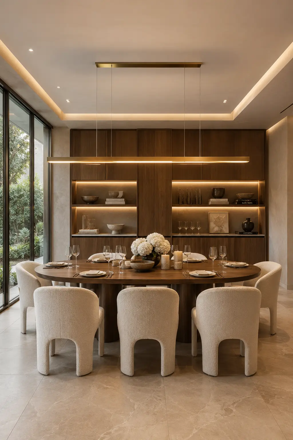 Modern dining room with a sleek linear LED pendant light, rich walnut dining table, curved upholstered dining chairs, built in walnut cabinetry, illuminated shelves, warm neutral walls, porcelain tile flooring, and elegant contemporary dining room design with luxury finishes.