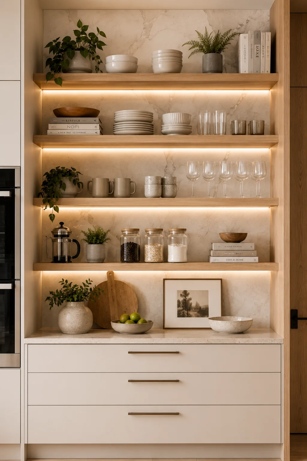 Luxury vertical open kitchen shelving with warm wood floating shelves, LED shelf lighting, organized dinnerware, glassware, coffee mugs, decorative plants, modern kitchen wall storage, premium open shelving design, custom kitchen display shelves, elegant small kitchen storage ideas, luxury kitchen organization inspiration.