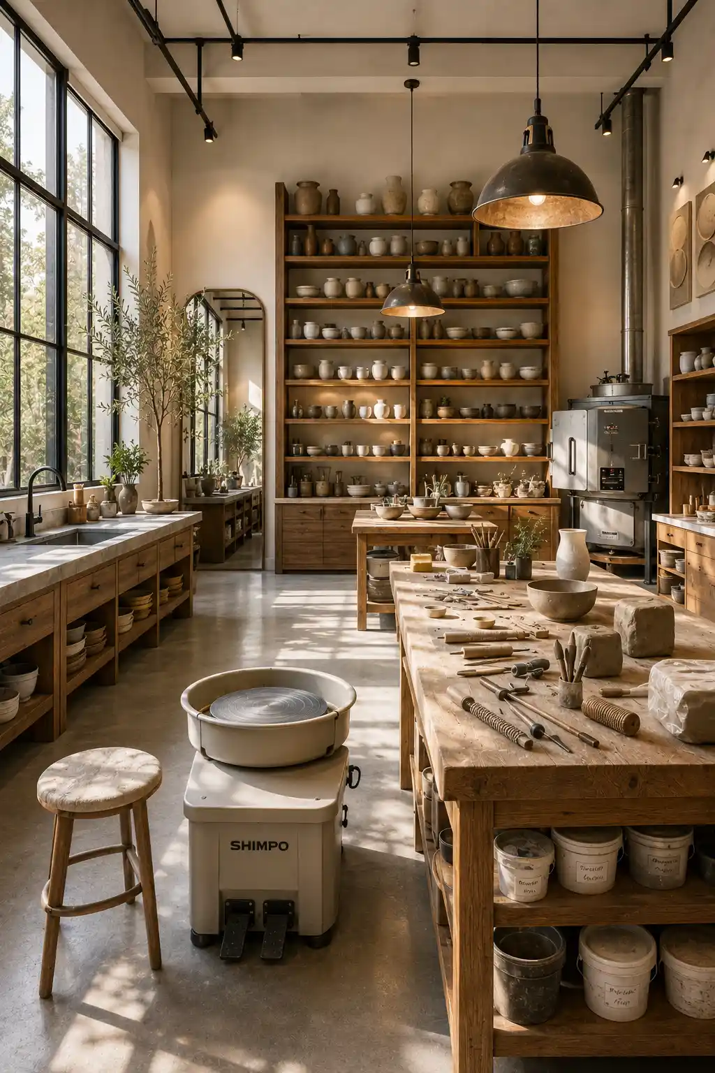 Luxury pottery studio hobby room featuring professional pottery wheel, handcrafted wood worktables, open shelving with ceramic pottery, organized clay storage, glazing station, pottery tools, concrete flooring, oversized windows, pendant lighting, neutral modern interior, artisan ceramic workspace, inspiring pottery room ideas, functional pottery studio design, creative clay workshop, elegant hobby room inspiration.