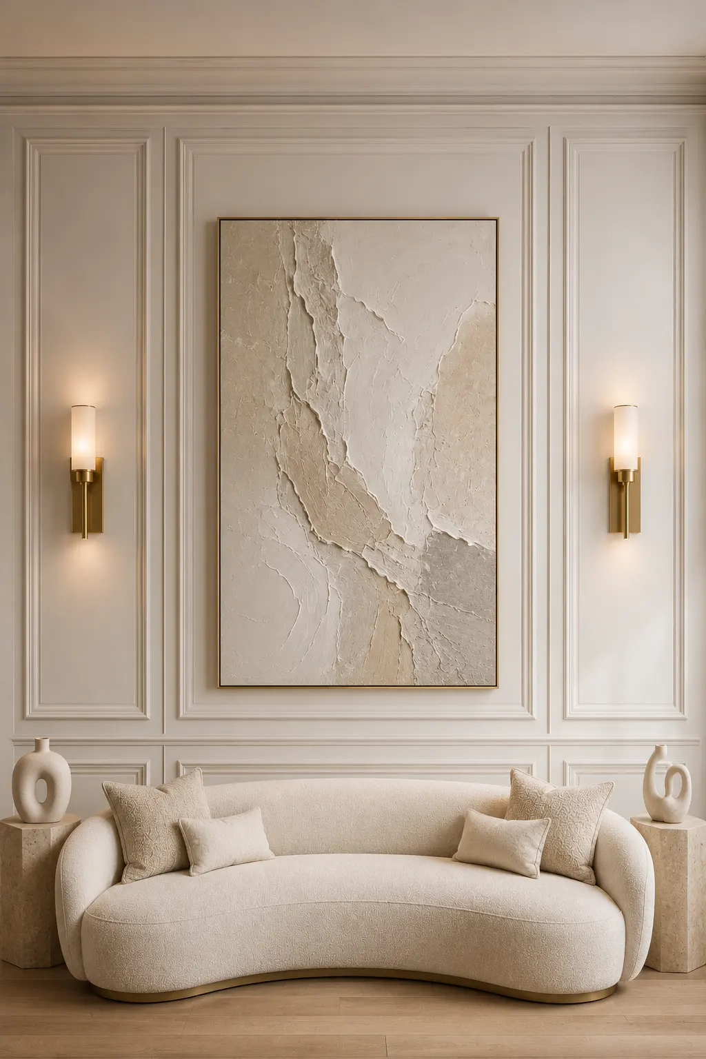 Luxury living room with symmetrical picture frame wall molding, oversized textured artwork, brass wall sconces, decorative stone pedestals, neutral wall panels, curved boucle sofa, and a professionally designed custom feature wall.