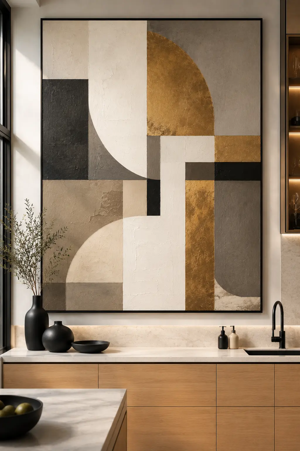 Large geometric abstract canvas featuring neutral tones, gold accents, textured artwork, and black frame displayed above a modern kitchen with light wood cabinets and luxury minimalist decor.