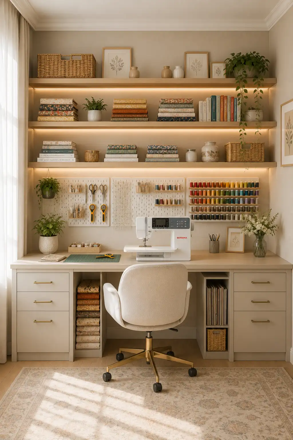 Modern small sewing room showcasing long floating shelves filled with folded fabrics, storage baskets, thread racks, custom sewing desk, organized pegboard, premium sewing machine, and beautiful small craft room organization ideas with vertical storage solutions.