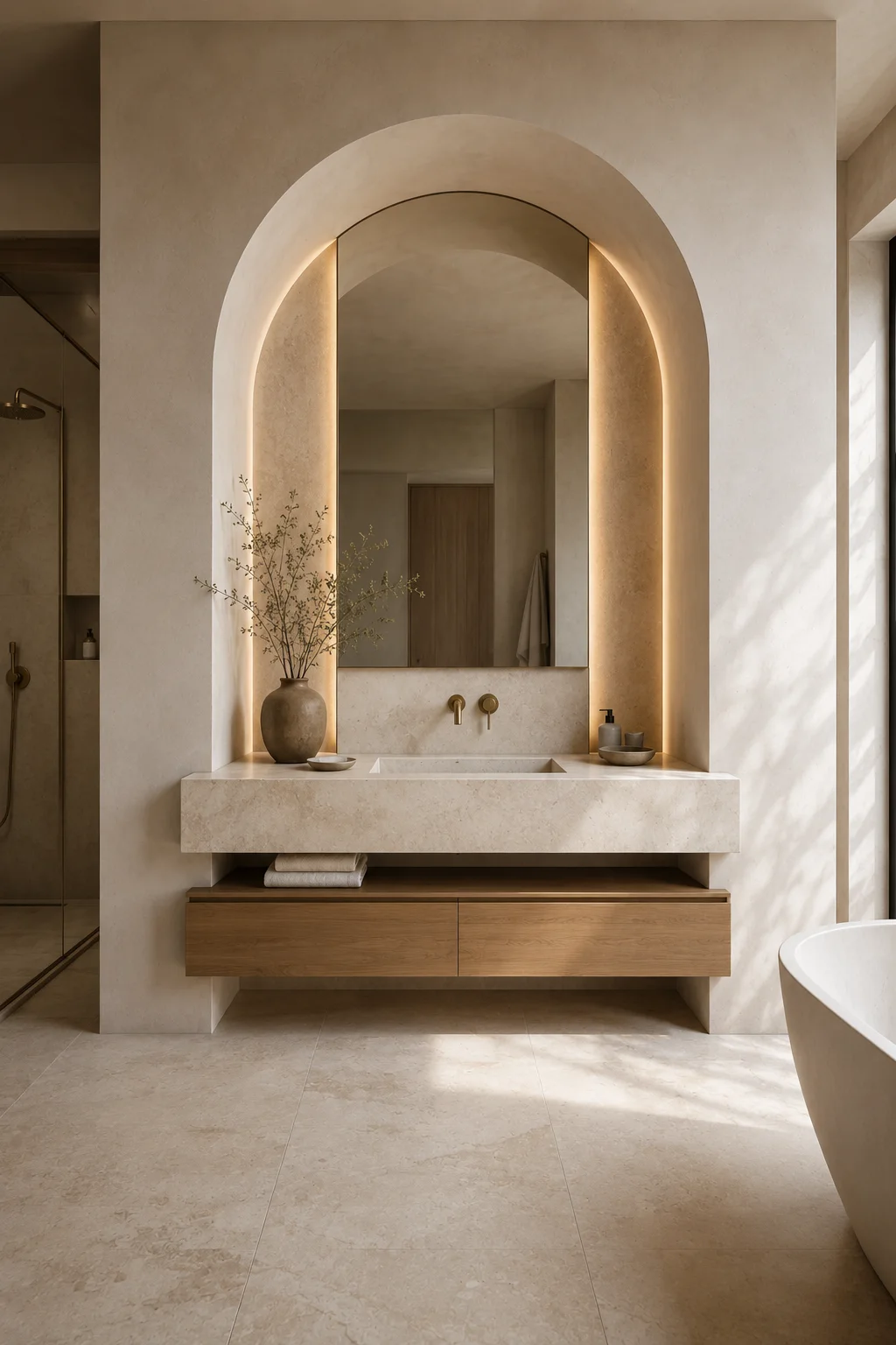 Modern arched alcove bathroom vanity featuring a thick floating limestone countertop, integrated sink, light wood storage drawers, tall mirror, concealed warm LED lighting, brass fixtures, and soft neutral stone bathroom decor.