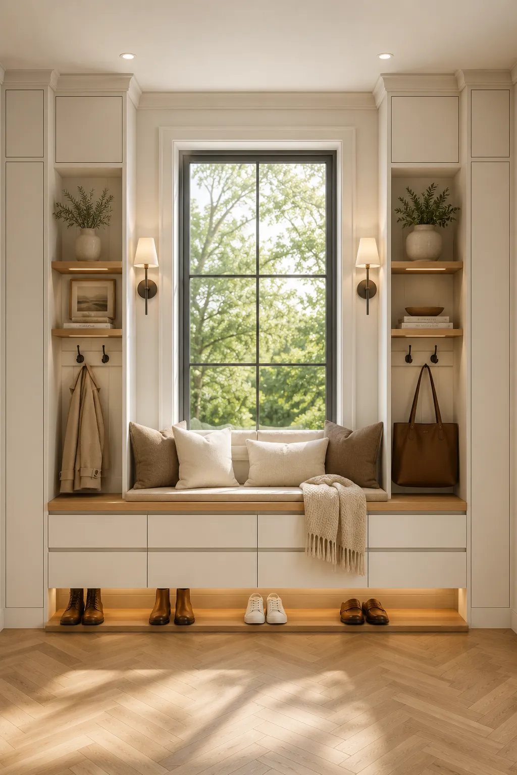 Modern IKEA window mudroom with built in window bench seating, hidden storage drawers, tall side cabinets, decorative shelving, wall hooks, soft lighting, and functional entryway storage that combines comfort with everyday organization.