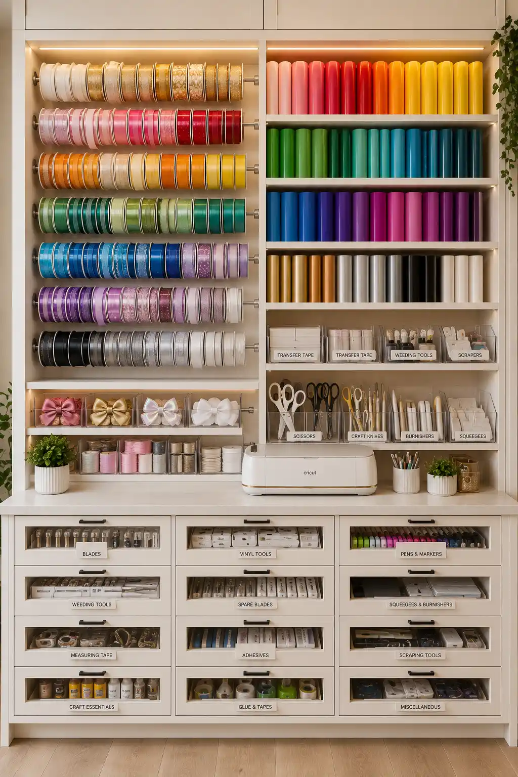 Beautiful ribbon and vinyl storage station with colorful ribbon spools, vinyl rolls, labeled acrylic containers, Cricut tools, scissors, transfer tape, craft supplies, organized drawers, and custom shelving designed to create an efficient craft room organization system with everything neatly displayed and easy to access.